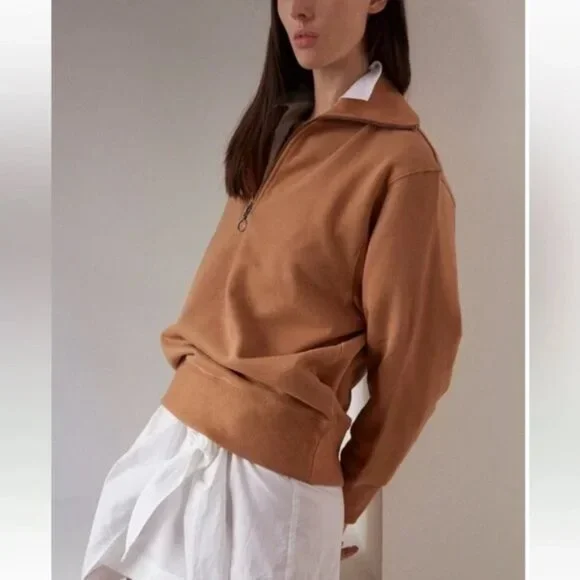 NWT |THAKOON 100% Cotton Ribbed Collar Terry Lined Quarter Zip Pullover Camel XS - Picture 2 of 7